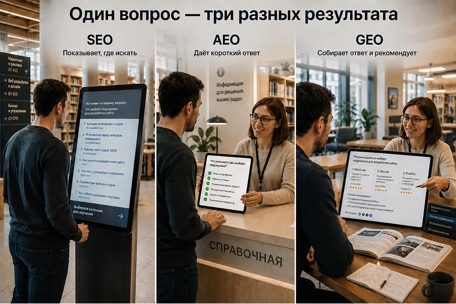 SEO, AEO, GEO: в чём разница